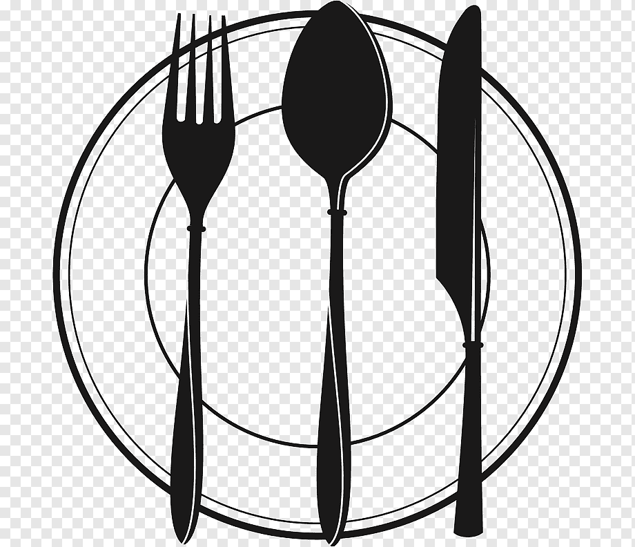 Black silhouette of a fork, spoon, and knife arranged on a circular plate outline against transparent background.