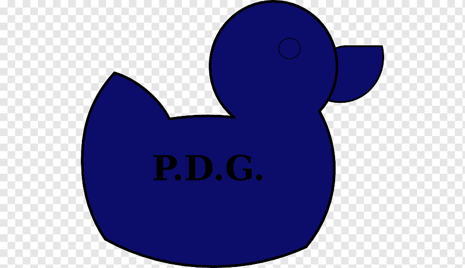 Blue rubber duck with "P.D.G." text on its side, simple vector-style illustration.