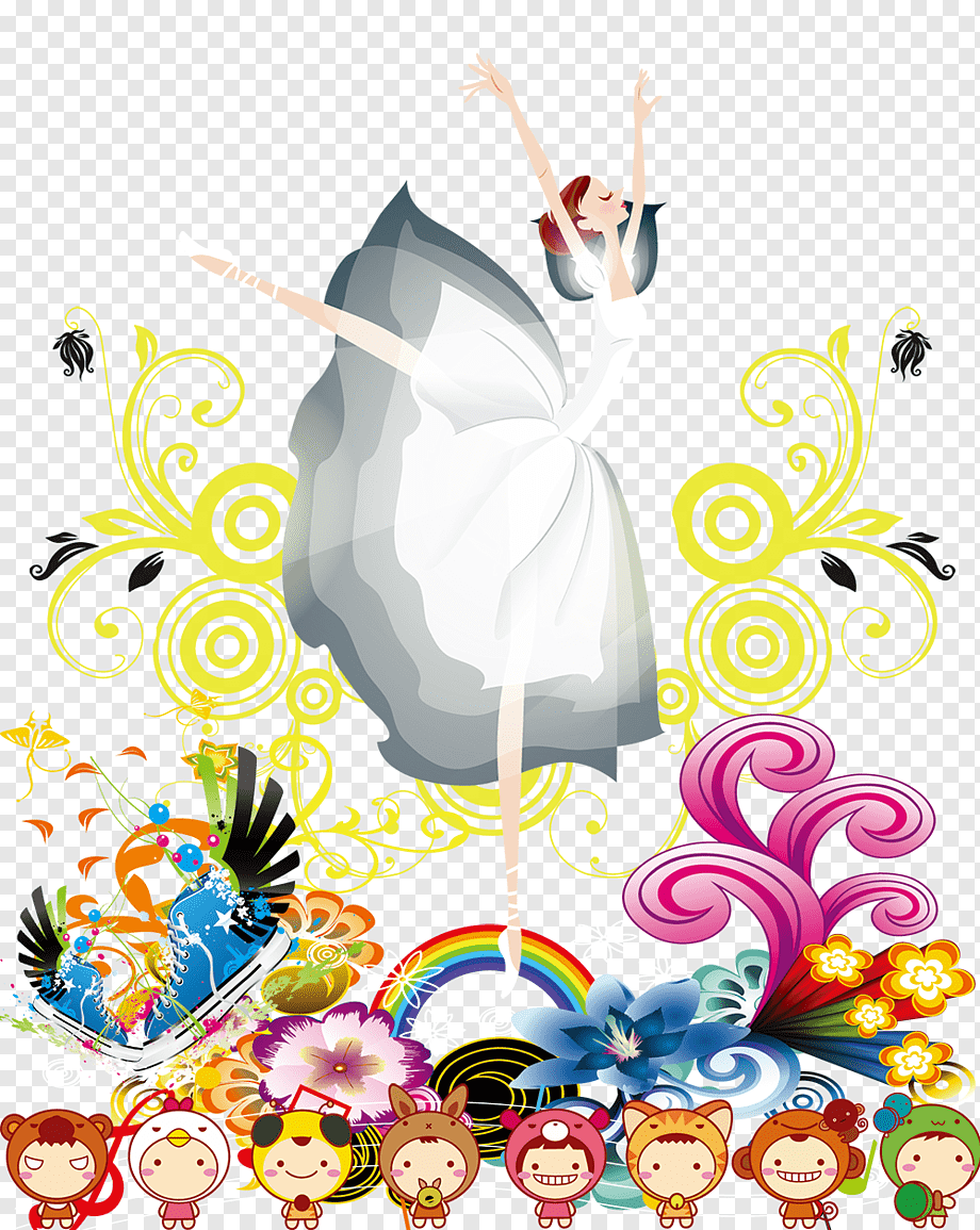 A joyful ballerina in a flowing white dress leaps amid colorful swirls, rainbow, flowers, sneakers, and cute cartoon characters.