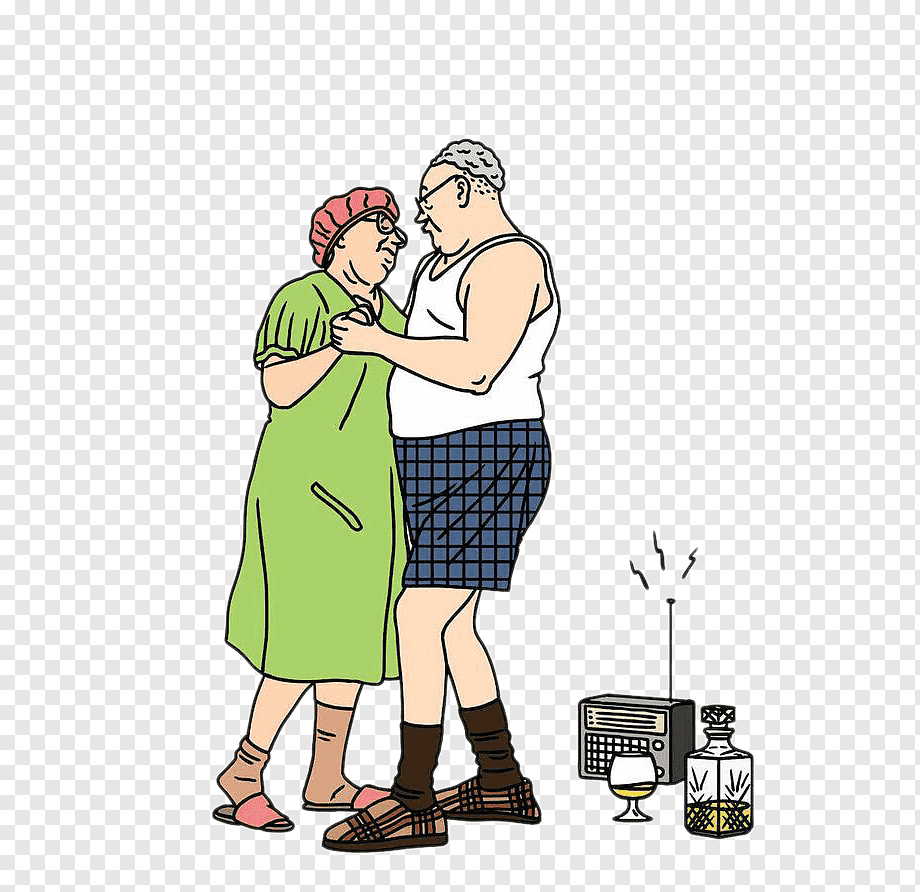 An elderly couple dancing joyfully at home beside a radio, glass of whiskey, and decanter.