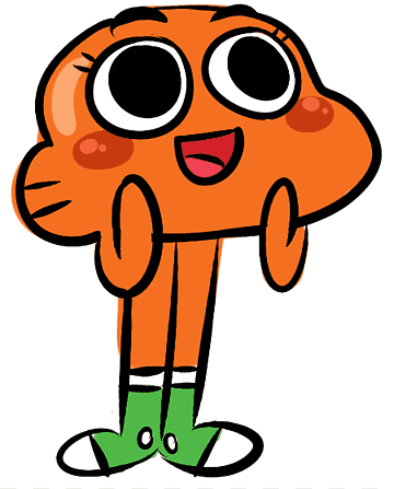 Orange cartoon character with big eyes, green shoes, and cheerful expression.