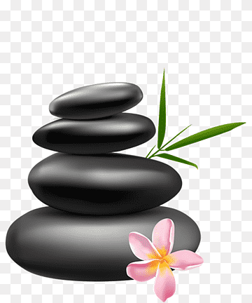 Stack of smooth black spa stones with green bamboo leaf and pink plumeria flower on transparent background.