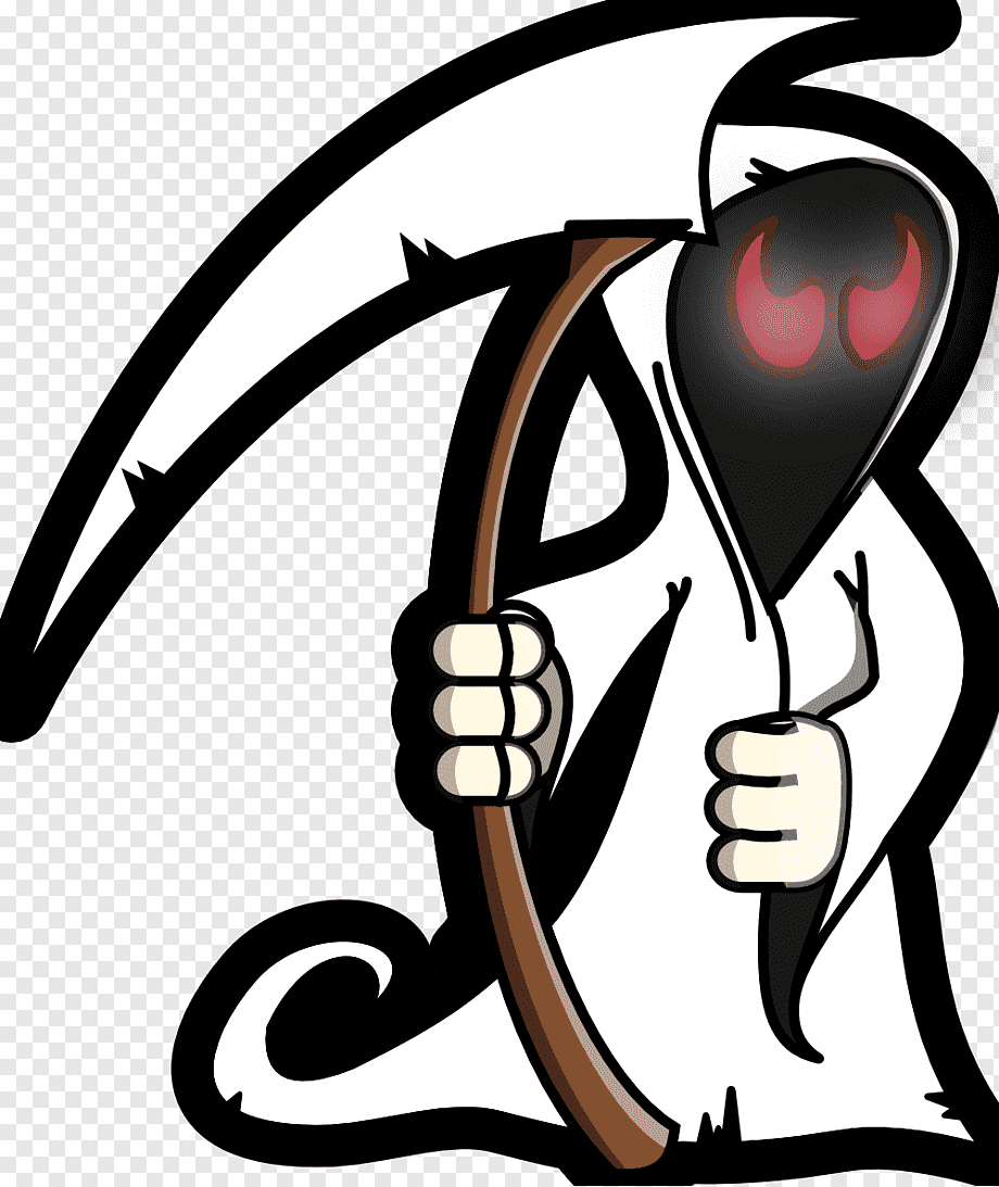 Cartoon grim reaper with glowing red eyes, white robe, and scythe giving a thumbs-up gesture.