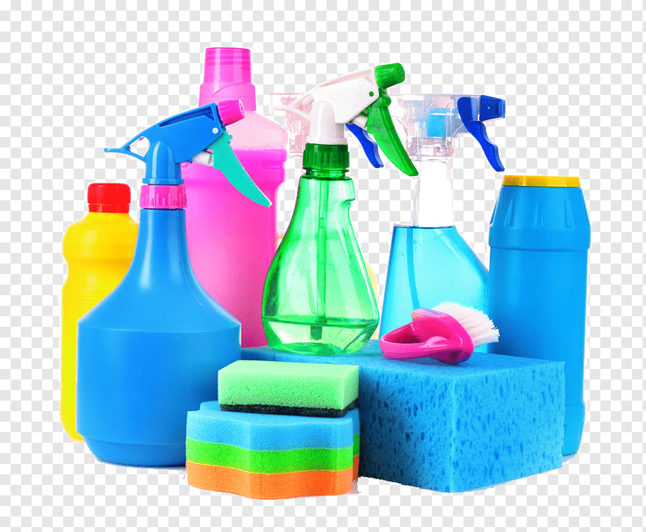 Colorful cleaning supplies including spray bottles, sponges, and brushes arranged on transparent background.
