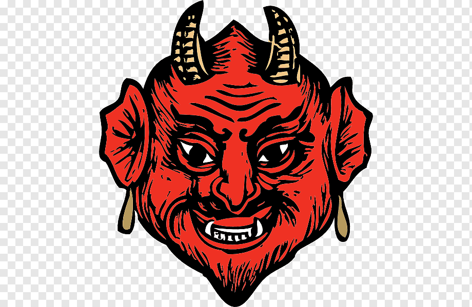 Red devil mask with horns, pointed ears, fangs, and a mischievous grin-stylized vintage illustration.
