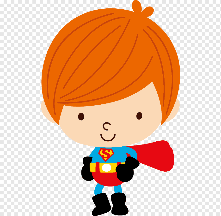 Chibi-style cartoon boy with orange hair dressed as Superman, smiling with red cape and blue suit.