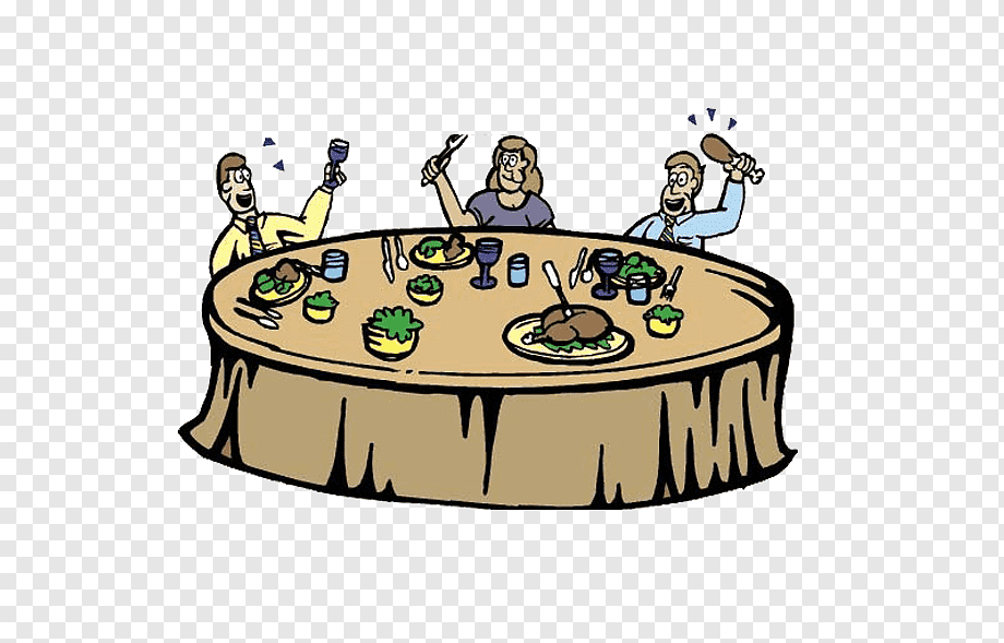 Three joyful people sharing a festive meal at a round table with roasted turkey, vegetables, and drinks.