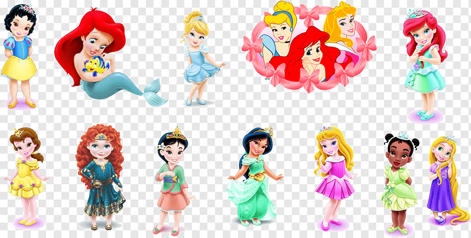 Collection of Disney Princess characters in colorful, stylized illustrations including Ariel, Cinderella, Elsa, Merida, and others.