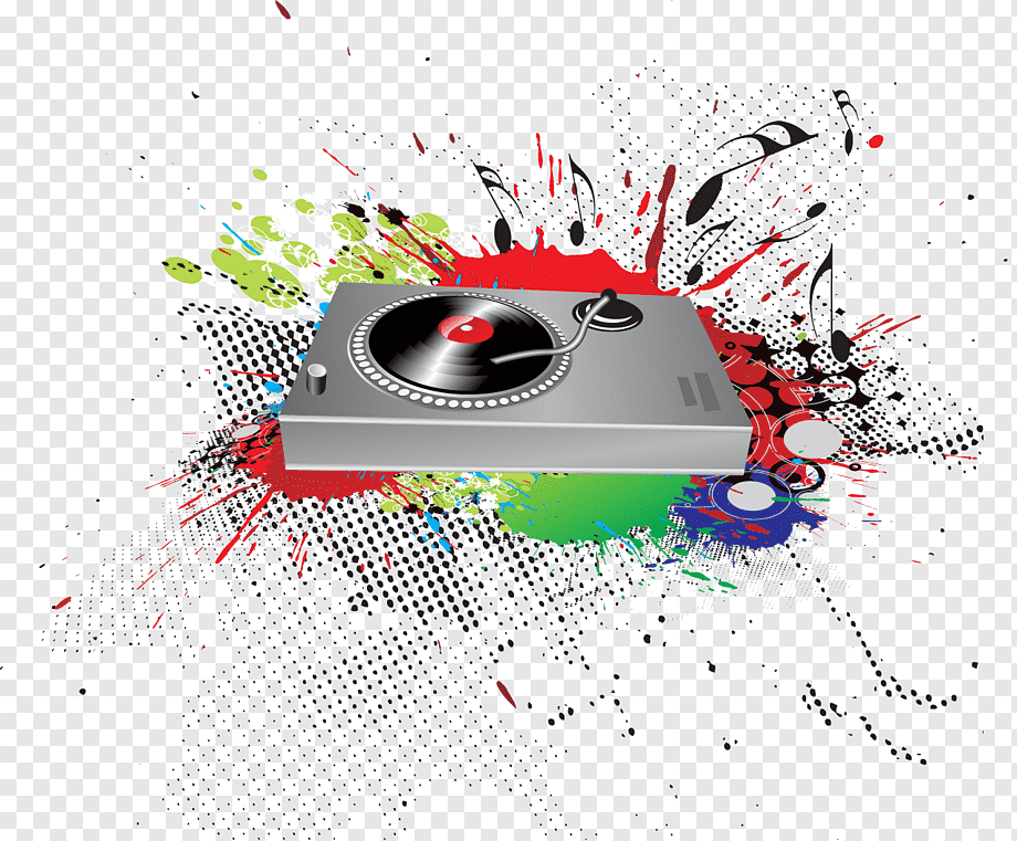 Silver turntable with vinyl record surrounded by colorful paint splashes, musical notes, and halftone dots on transparent background.