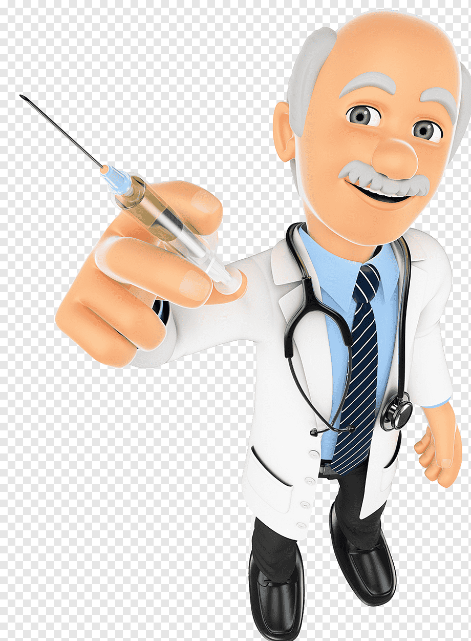 Friendly cartoon doctor holding a syringe, wearing lab coat and stethoscope, smiling confidently.