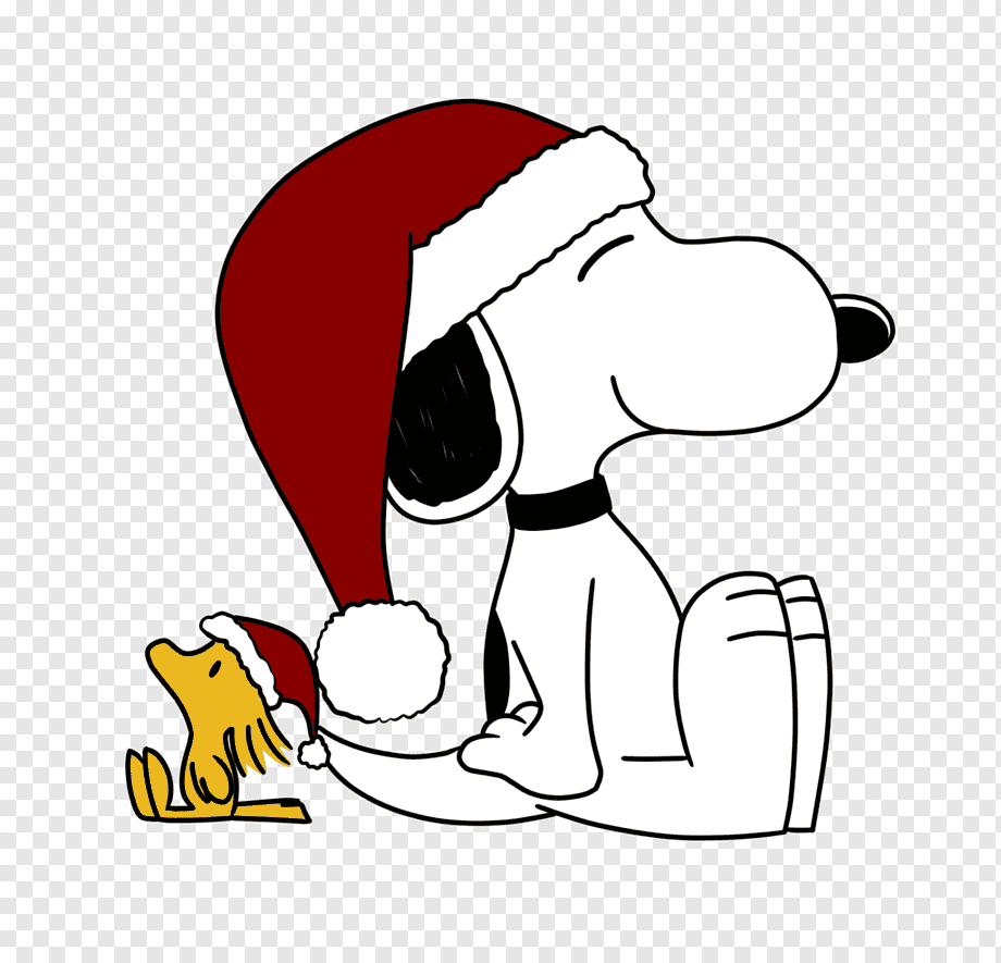 Snoopy and Woodstock wearing festive red Santa hats, sitting together in a cheerful holiday pose.