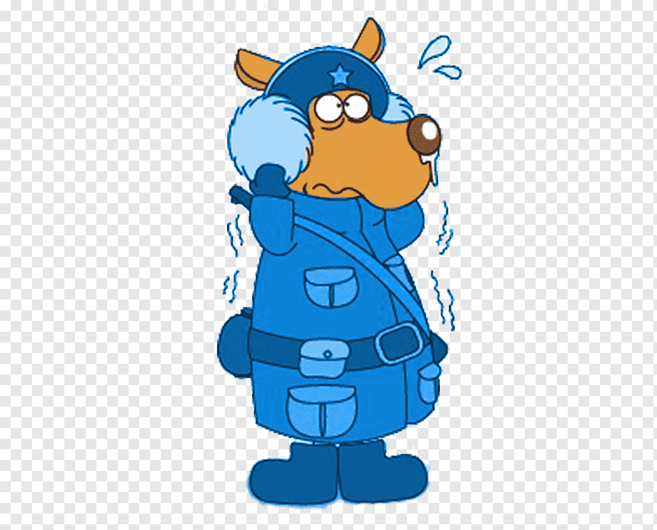 Cartoon dog in blue winter uniform shivering with sweat, wearing hat and earmuffs.