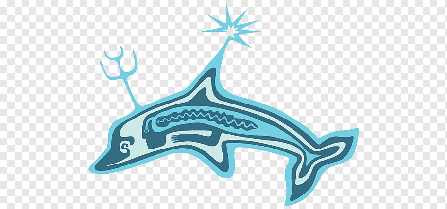 Stylized blue dolphin with trident, starburst, and internal human profile motif on transparent background.