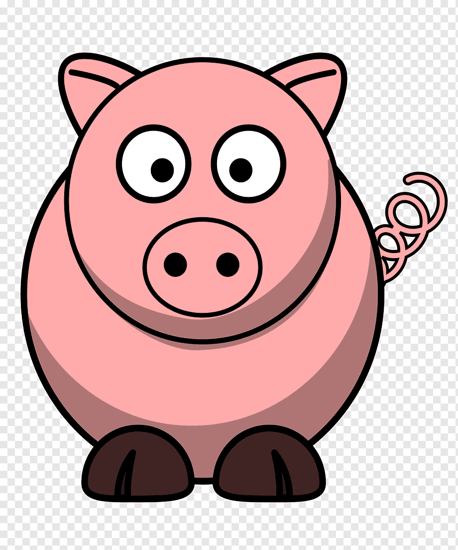 Cute cartoon pink pig with big eyes, curly tail, and brown hooves on transparent background.