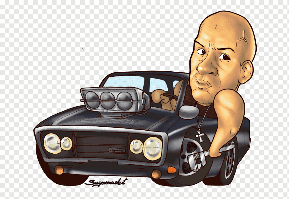 Caricature of a bald man leaning out of a black muscle car with hood-mounted lights and cross necklace.