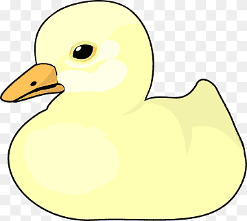 Cute yellow duckling with orange beak and black eye, cartoon-style illustration on transparent background.