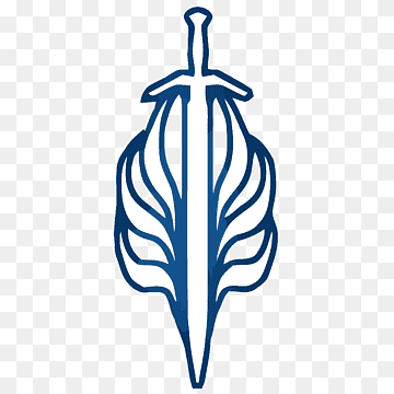 Stylized blue sword with ornate leaf-like hilt and blade, symbolic of fantasy or heroic themes.