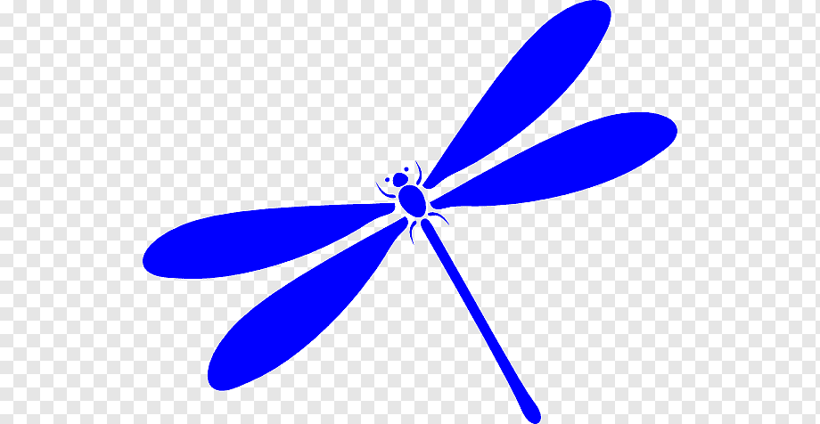 Blue stylized dragonfly silhouette with four elongated wings and detailed head on transparent background.