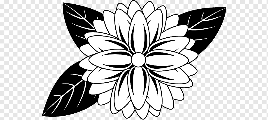 Black and white stylized floral illustration with layered petals and two bold leaves on transparent background.