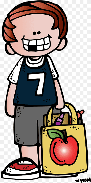 Smiling cartoon boy in sports jersey holding a school supply bag with apple logo.