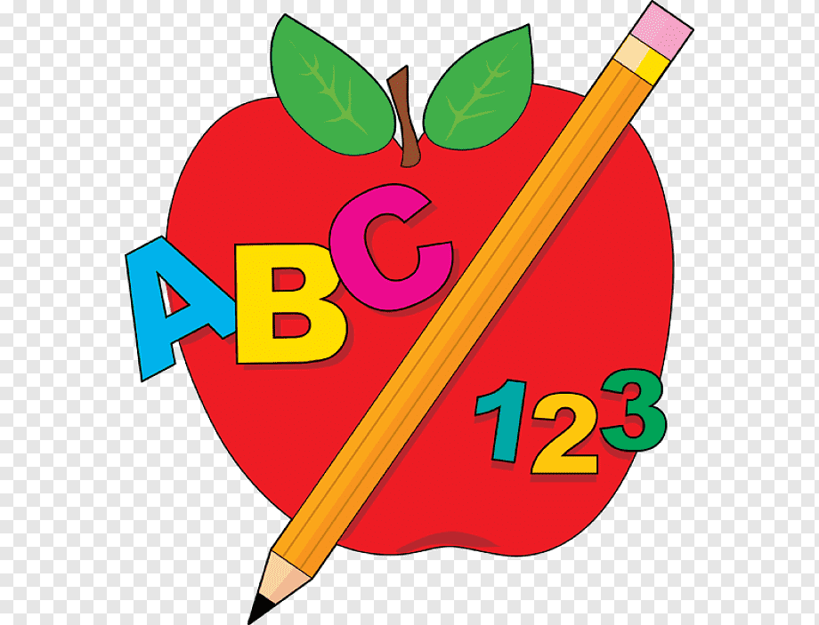 Red apple with ABC letters, 123 numbers, and a pencil diagonally across-symbolizing early education and learning.