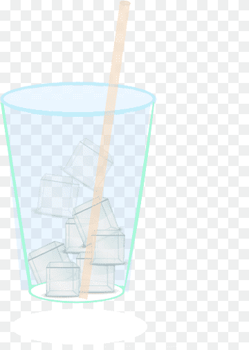 Clear glass filled with ice cubes and a beige straw, on transparent background.