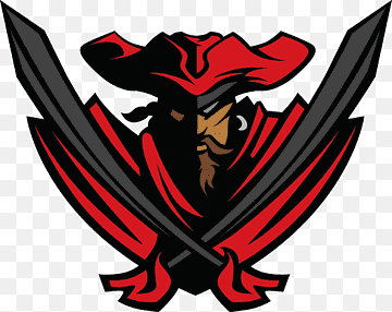 Stylized pirate logo with red tricorn hat, beard, and crossed black swords on red background.