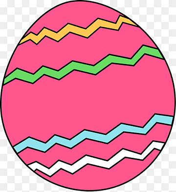 Pink Easter egg decorated with colorful zigzag stripes in yellow, green, blue, and white.