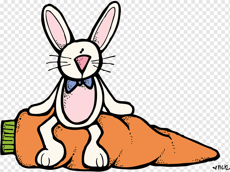 A cartoon white rabbit with pink ears and a blue bowtie sits atop a giant orange carrot.