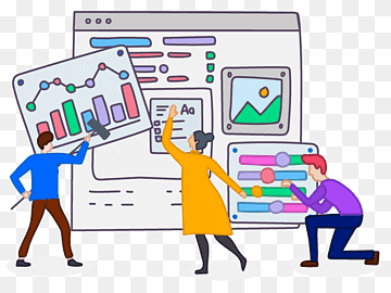 Three professionals collaborate on a digital dashboard with charts, sliders, and image upload-illustrating data analysis and UI design teamwork.