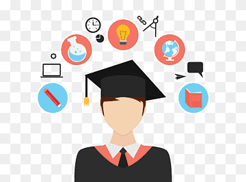 Graduating student in cap and gown surrounded by education-related icons like laptop, globe, beaker, and book.