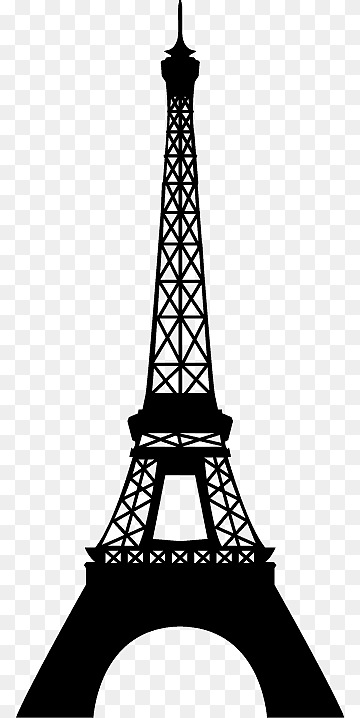 Black silhouette of the Eiffel Tower on transparent background, iconic Paris landmark with lattice structure and spire.