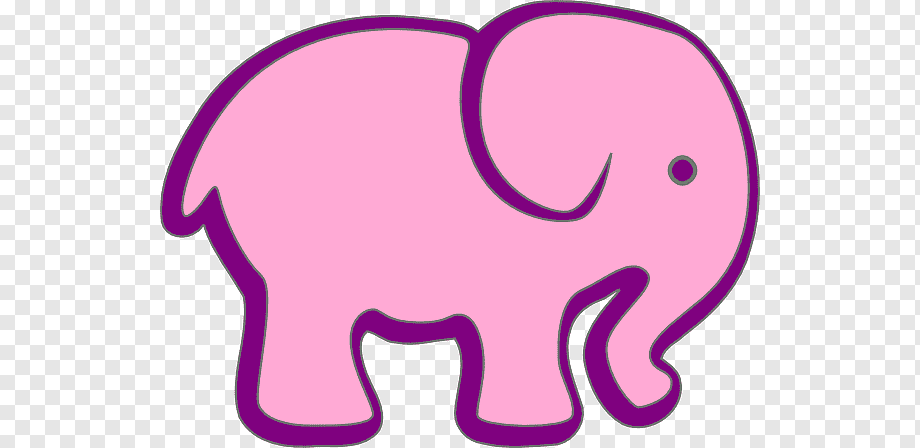 Pink cartoon elephant with purple outline on transparent background, stylized and child-friendly.