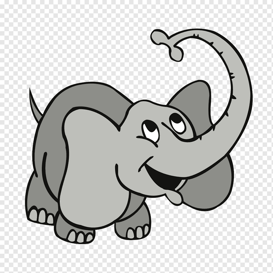 Smiling cartoon elephant with raised trunk and playful expression, grayscale illustration on transparent background.
