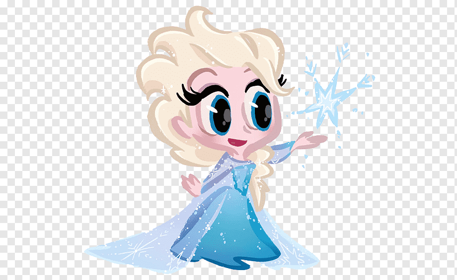Chibi-style Elsa from Frozen casting a sparkling ice snowflake with her hand, wearing a blue gown and smiling.