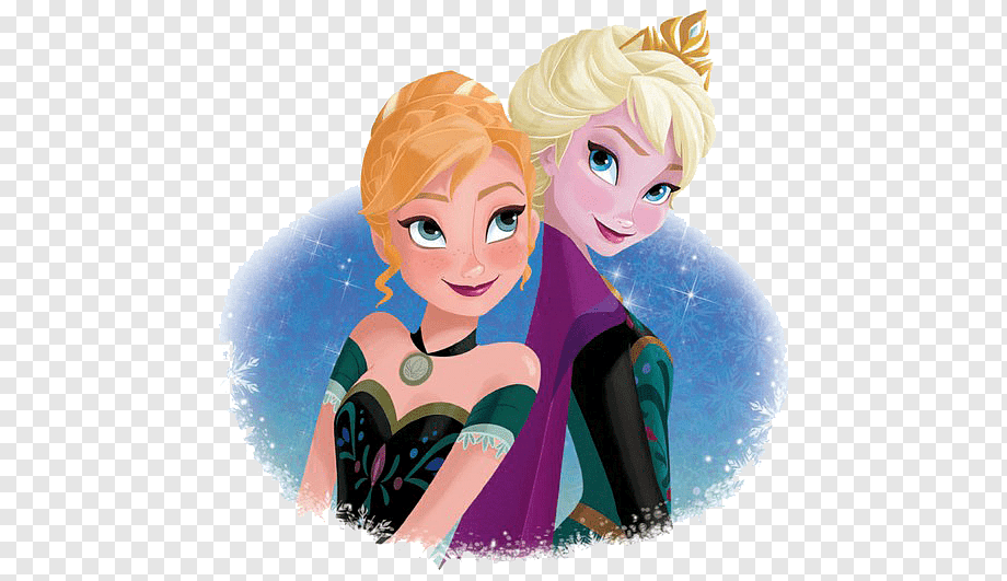 Anna and Elsa from Frozen smiling together against a snowy blue background with sparkles.