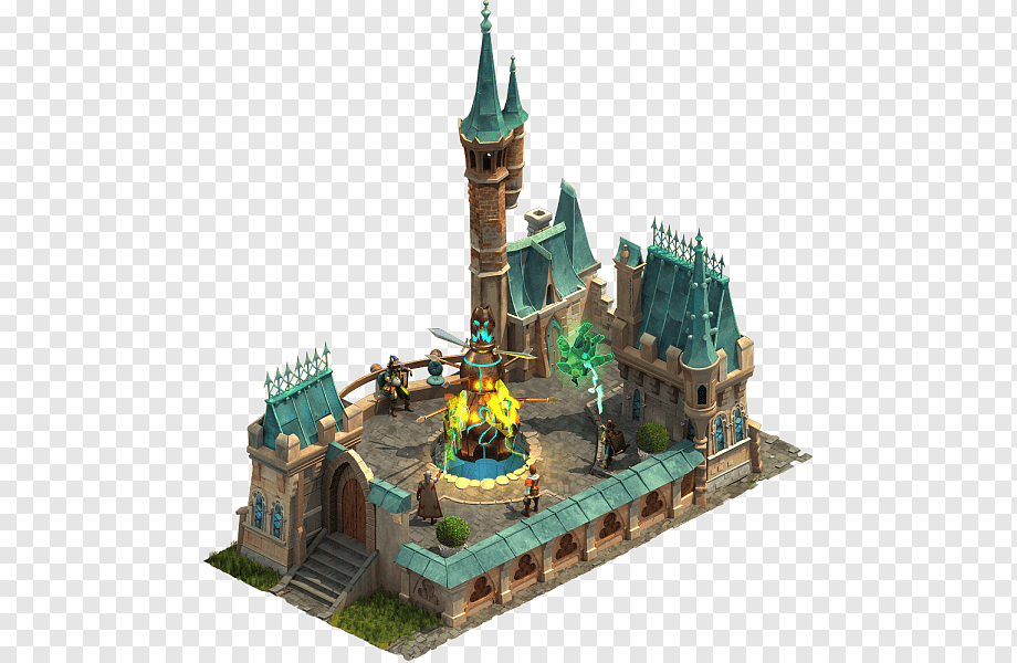 Fantasy castle courtyard with glowing magical fountain, spires, and armored figures in isometric view.