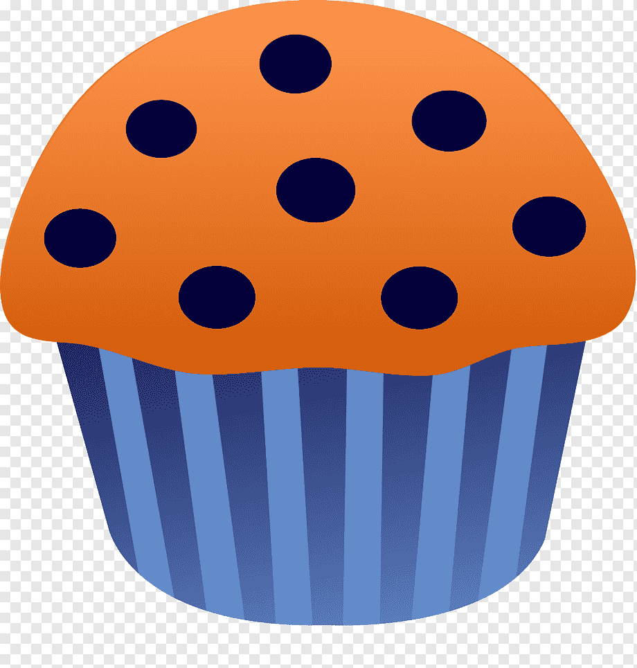 Orange muffin with dark blue polka dots in a striped blue paper liner.