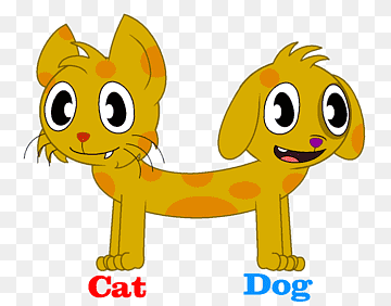 A cartoon illustration of a yellow cat and dog sharing one body, labeled "Cat" and "Dog" respectively.