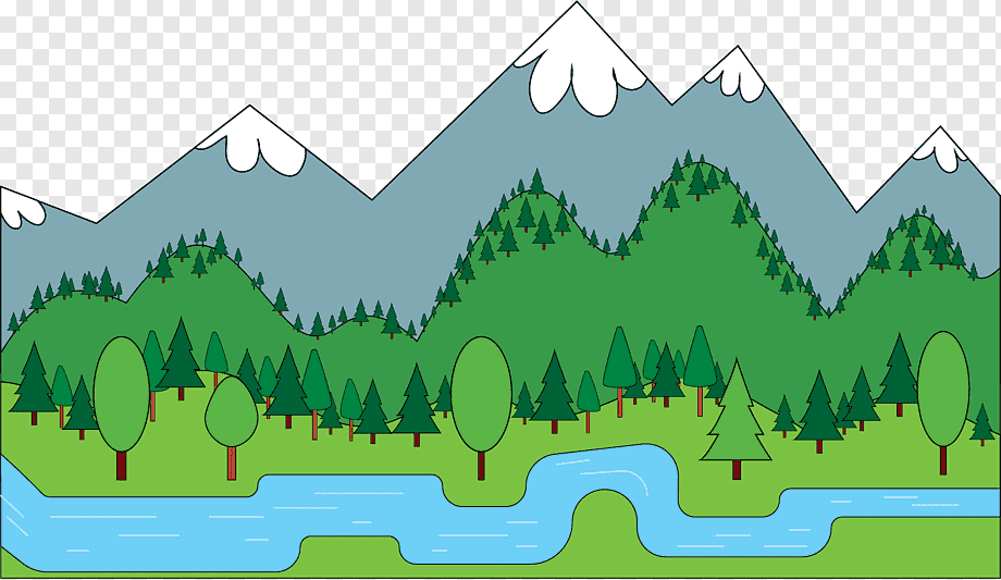 Serene mountain landscape with snow-capped peaks, green hills, pine trees, and a winding blue river.