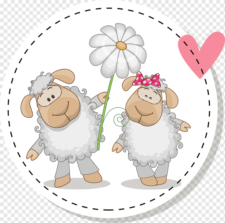 Two cartoon sheep holding a daisy together inside a dashed-circle frame with a pink heart.
