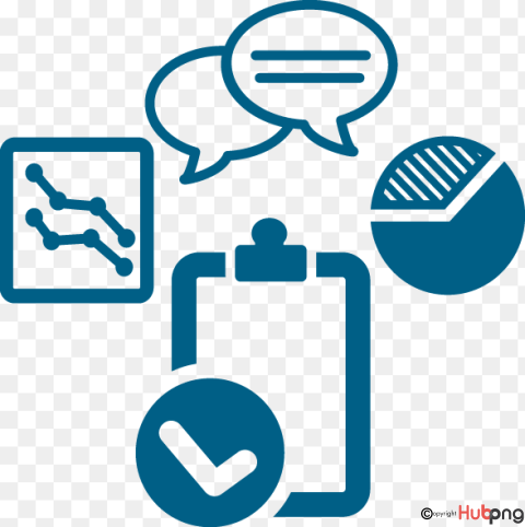Blue icon set showing clipboard with checkmark, line chart, pie chart, and speech bubbles-symbolizing data analysis, reporting, and collaboration.