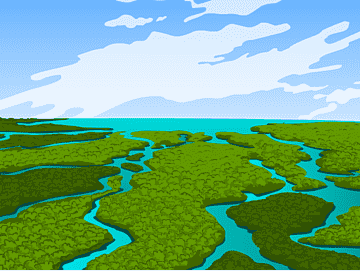 Aerial view of lush green mangrove wetlands with winding blue water channels under a partly cloudy sky.
