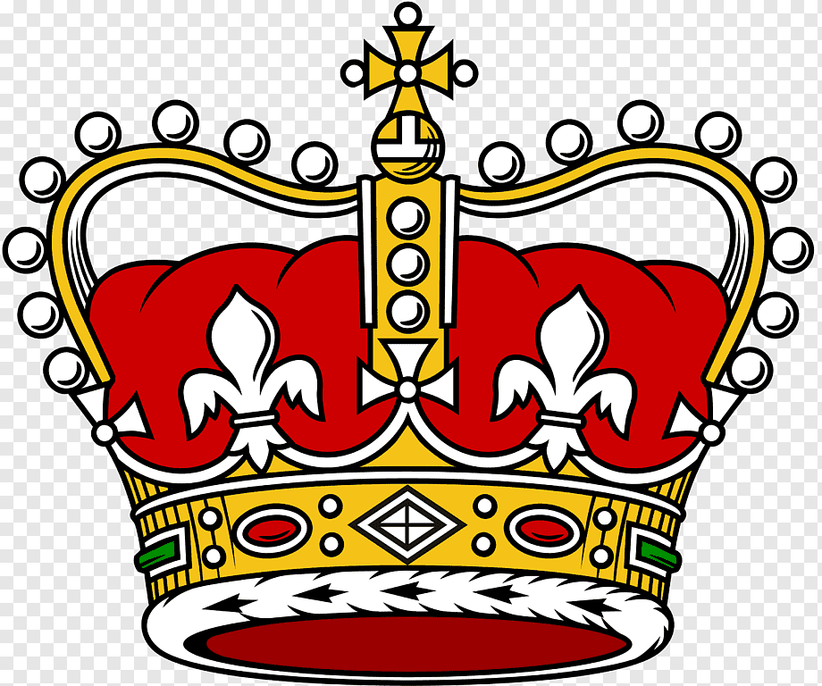 ornate royal crown with red velvet, white fleur-de-lis, gold bands, and cross finial