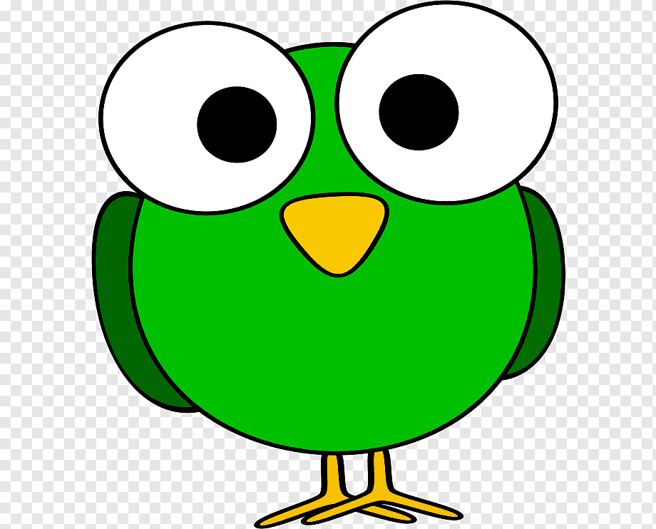 Green cartoon bird with large white eyes, yellow beak and feet, on transparent background.