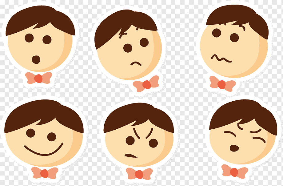 Six cartoon boy face emojis showing surprise, worry, doubt, happiness, anger, and sleepiness, each with a bowtie.