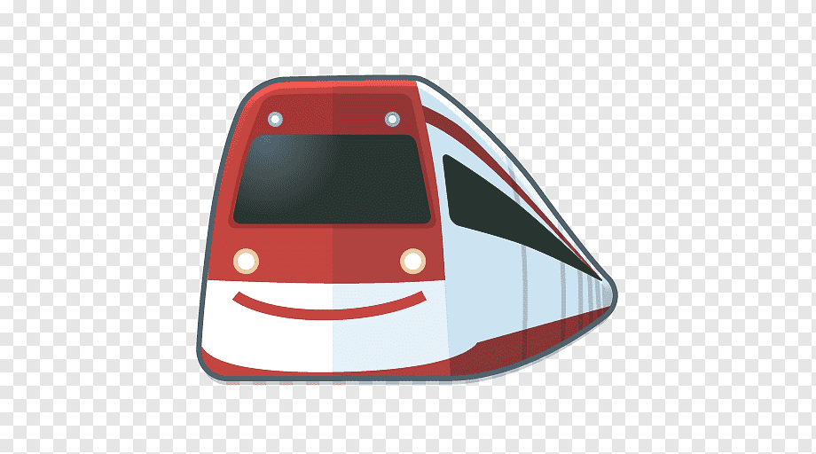 Red and white cartoon-style high-speed train front with smiling face design.