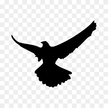 Black silhouette of a dove in flight with wings spread wide against transparent background.