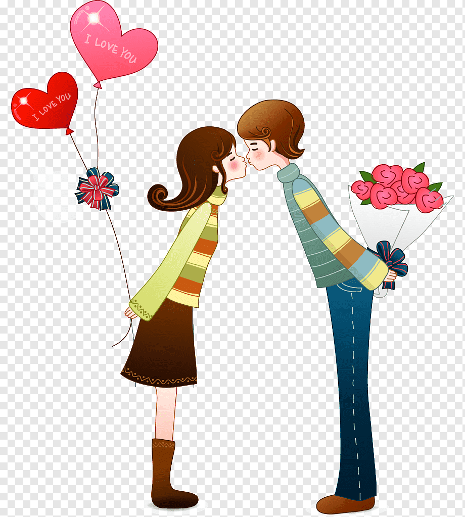 Cartoon couple kissing, holding heart-shaped "I LOVE YOU" balloons and a bouquet of pink roses.