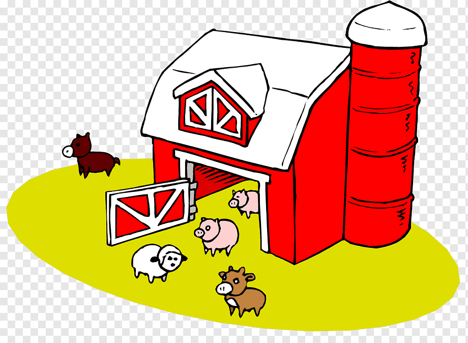 Red barn with white roof, silo, and farm animals including pigs, sheep, cow, and horse on green grass.